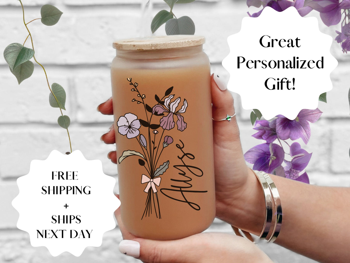 Personalized Birth Flower Iced Coffee Cup