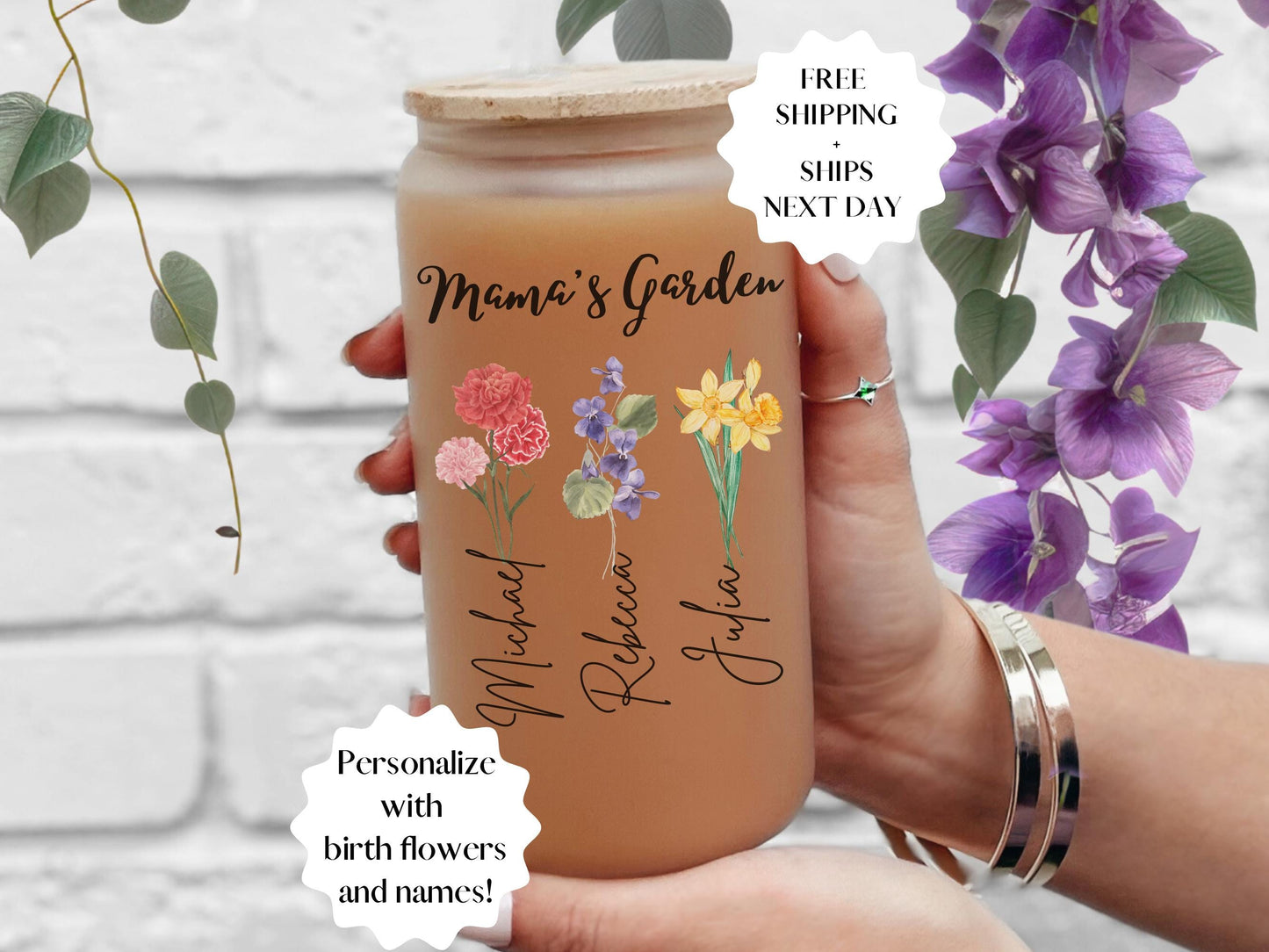 Personalized Mother's Day Birth Month Flower with Names Tumbler